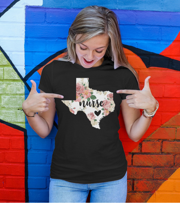 Floral Texas Nurse Pride With Heart Symbol And Home State T-Shirt