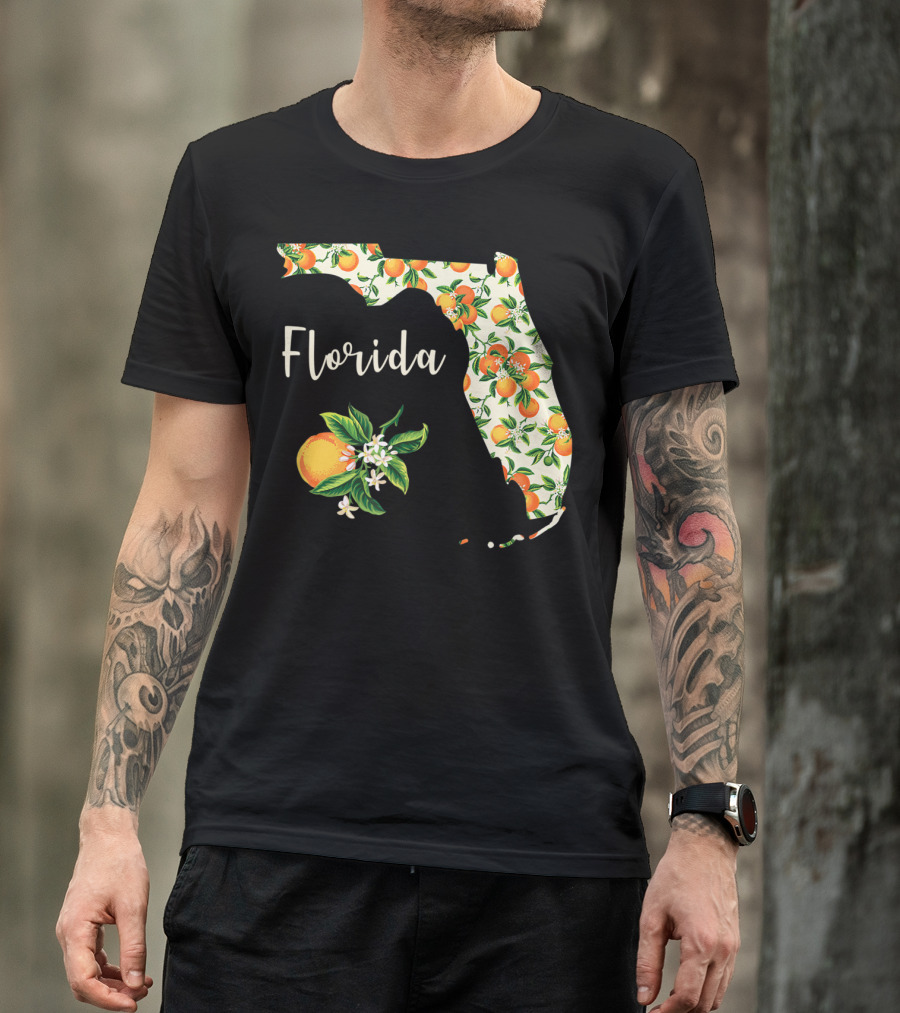 Florida Map With Orange Blossom And Handwritten Text T-Shirt