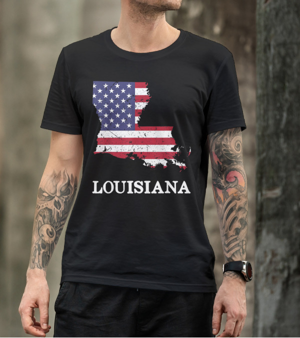 Louisiana Map American Flag 4Th Of July T-Shirt