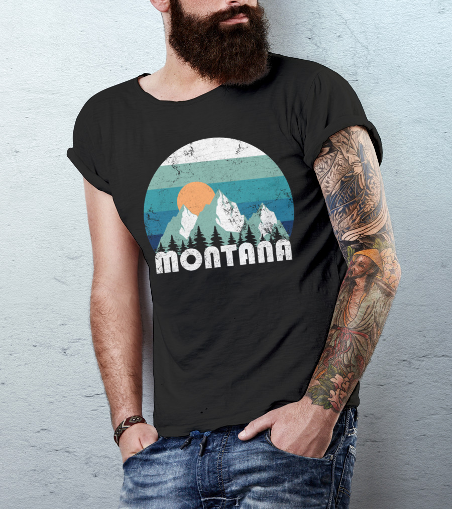 Montana Mountains Sunset Retro Stripes T-Shirt
