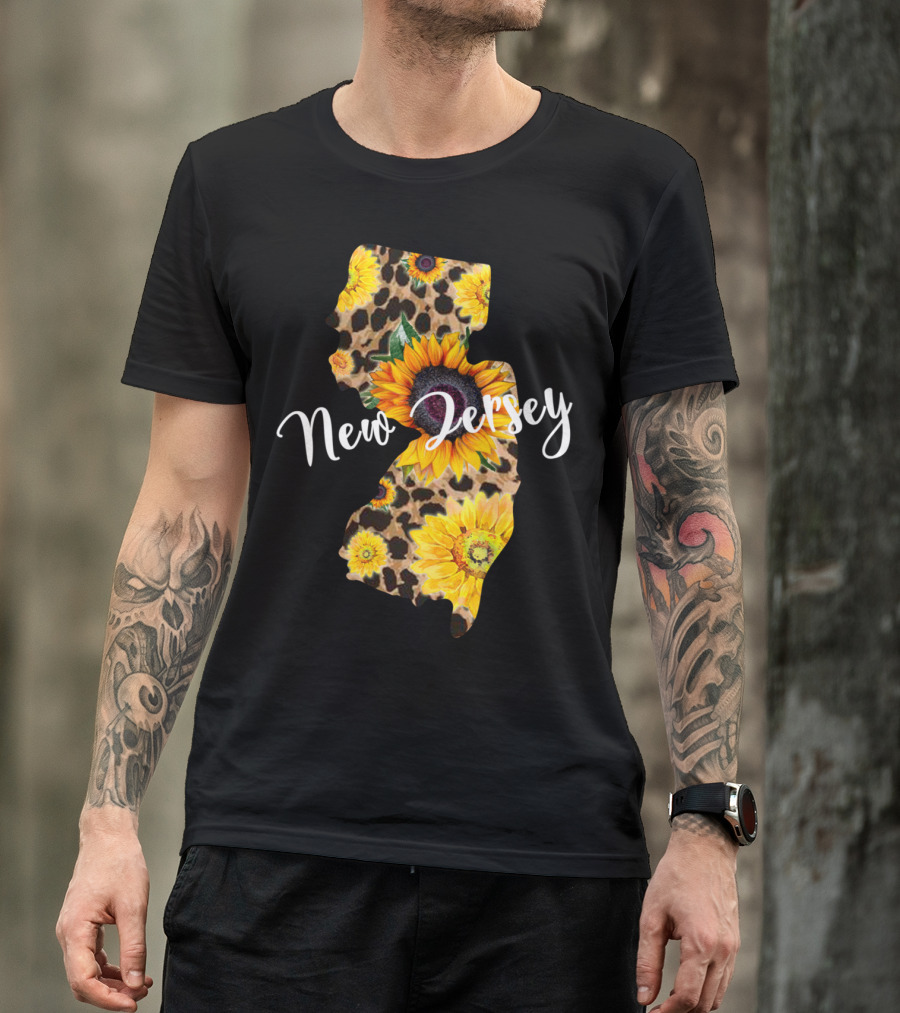 New Jersey Sunflower Leopard Print Map Wildflower T-Shirt