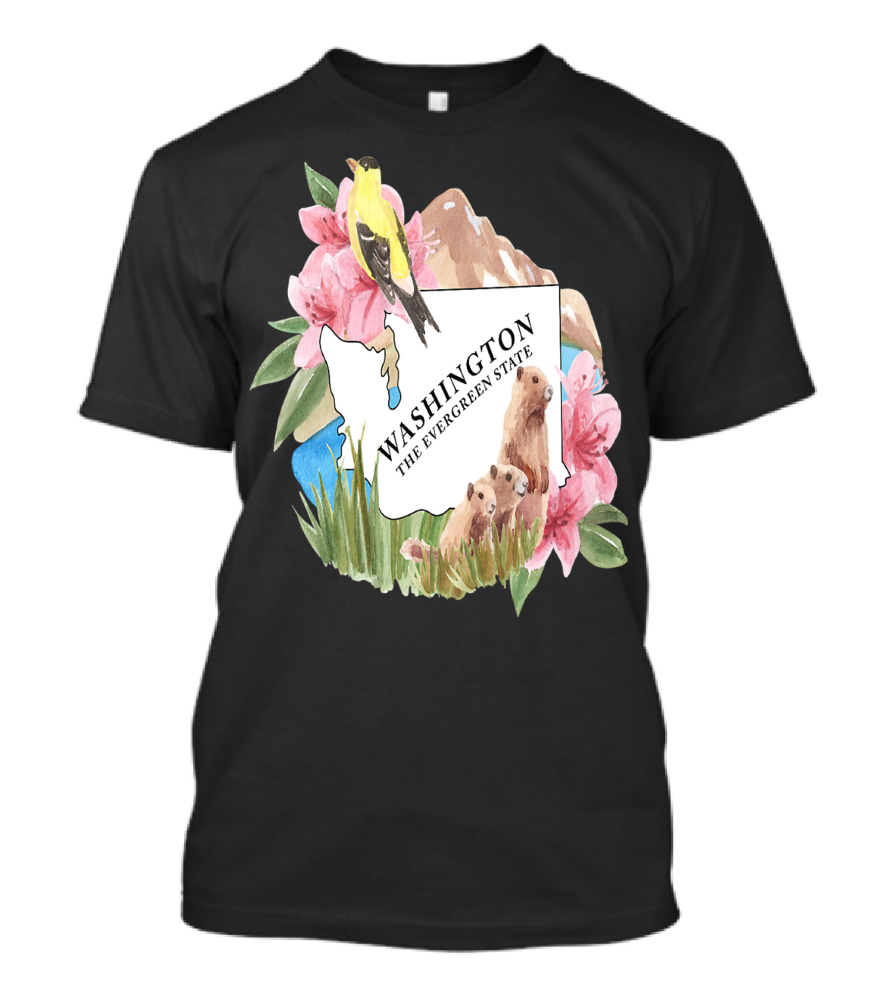 Washington The Evergreen State Map With Wildlife And Flowers T-Shirt