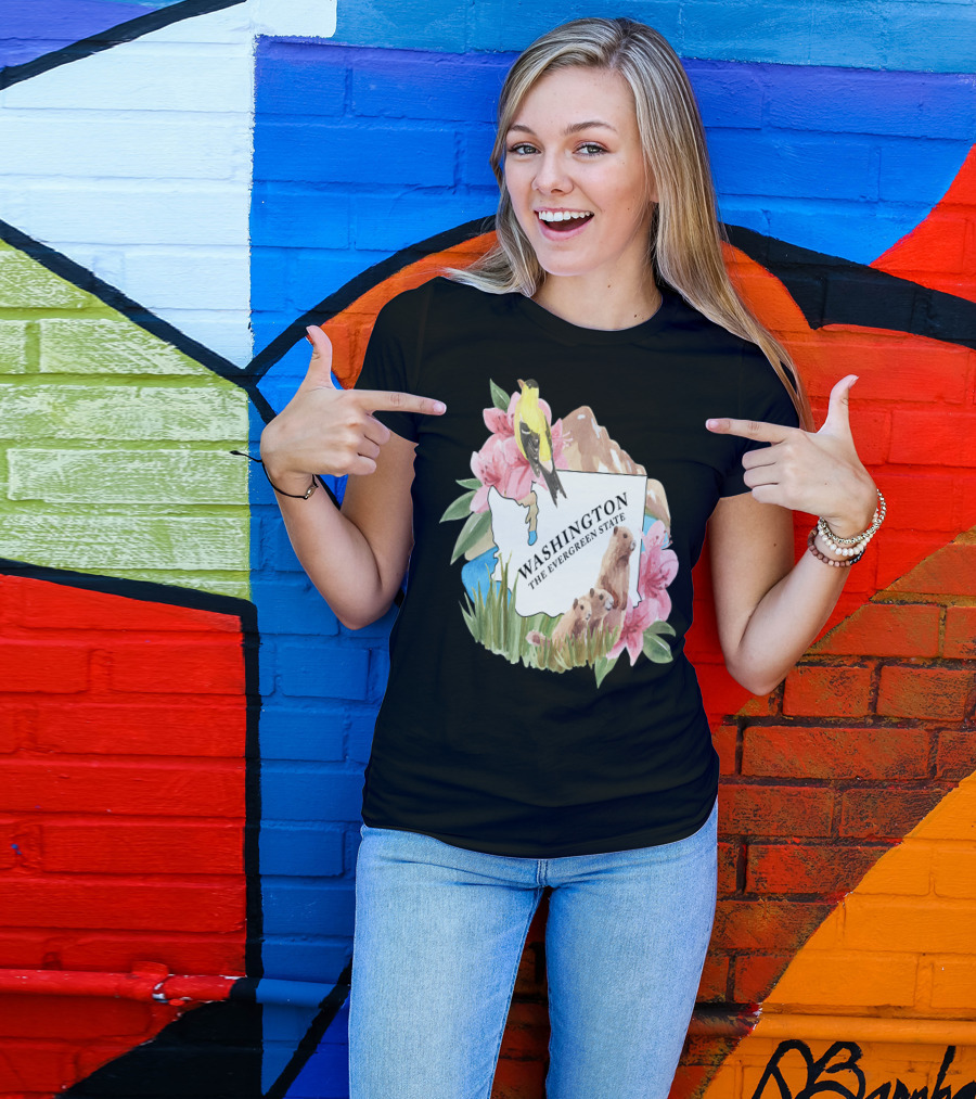 Washington The Evergreen State Map With Wildlife And Flowers T-Shirt