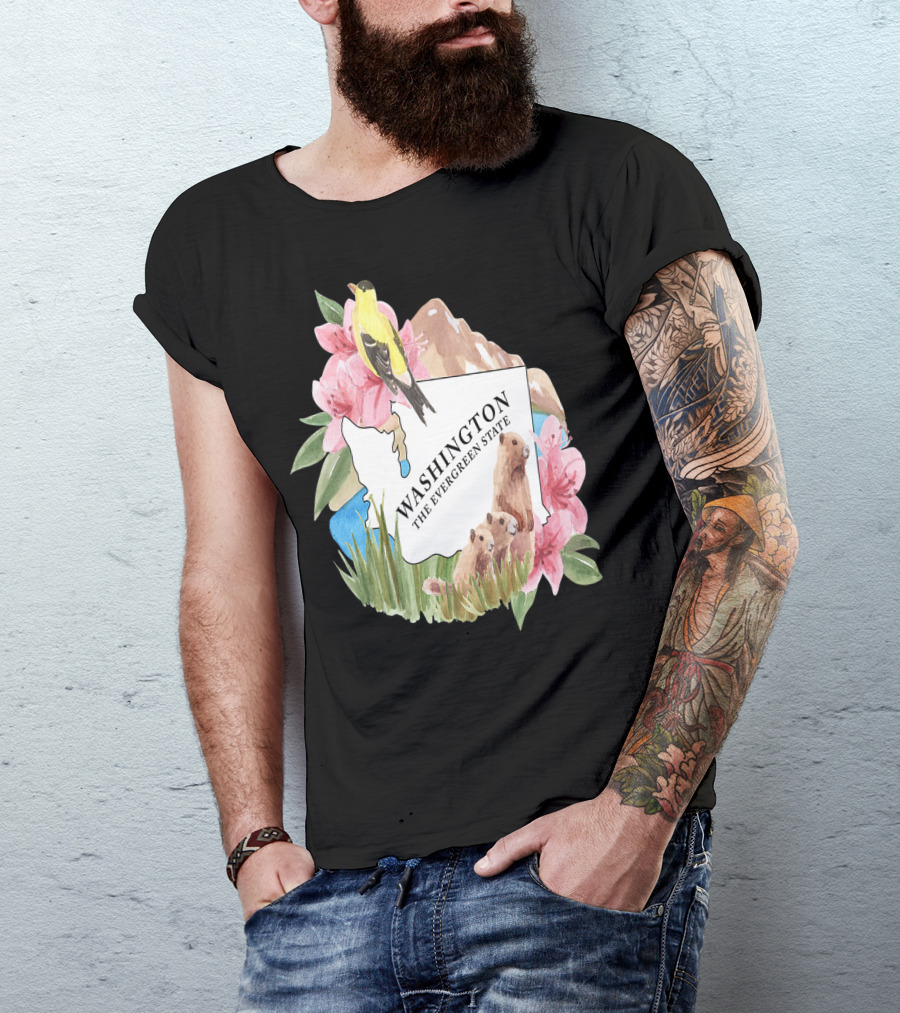 Washington The Evergreen State Map With Wildlife And Flowers T-Shirt