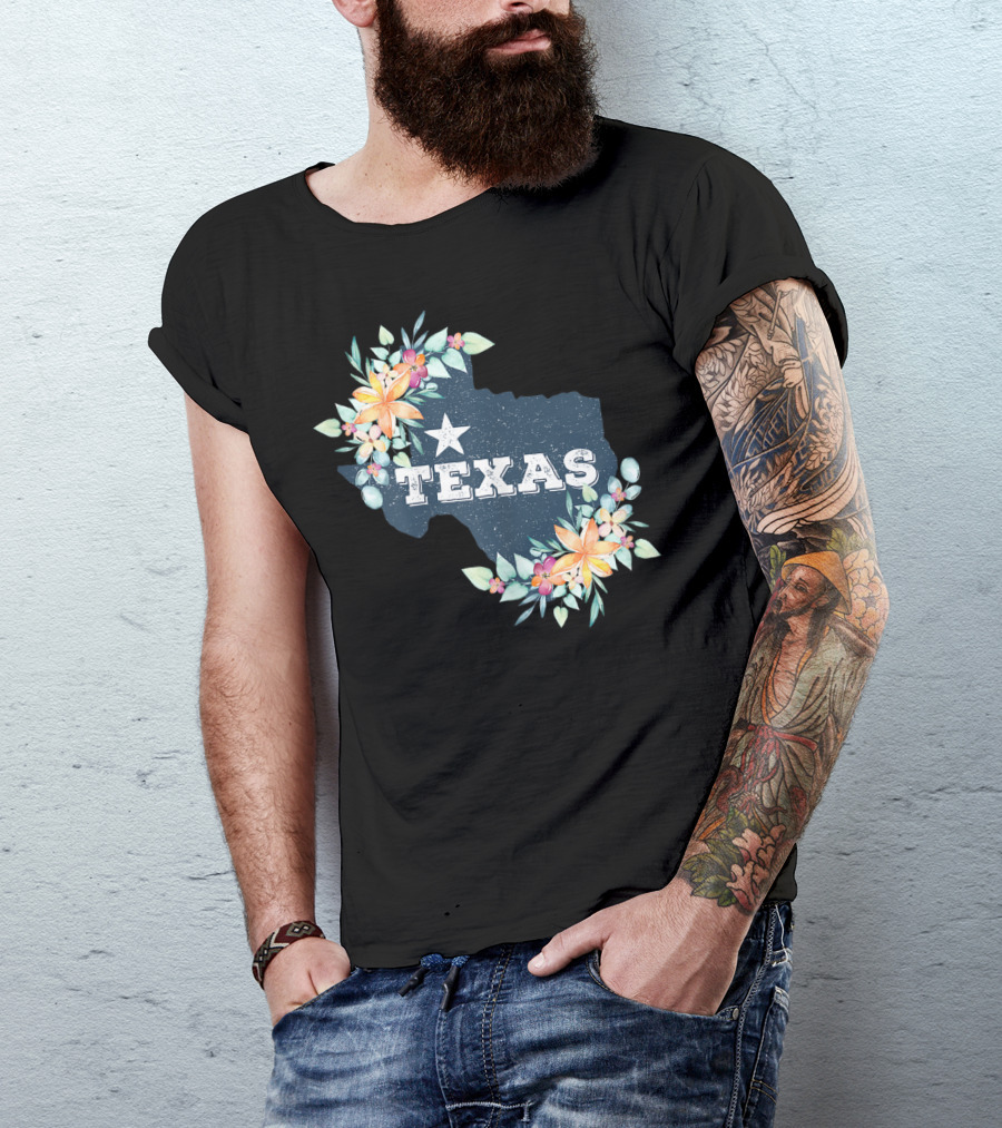 Texas Lone Star State Map With Floral Accents T-Shirt
