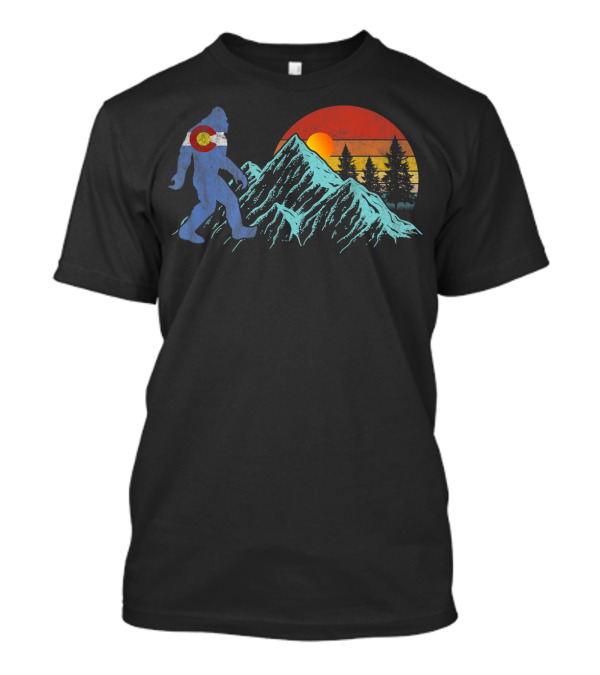 Retro Bigfoot Colorado Flag Sun Mountain Landscape T-Shirt
