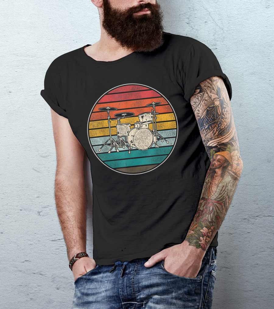 Retro Drums Vintage Sunset Stripes Music Instrument T-Shirt