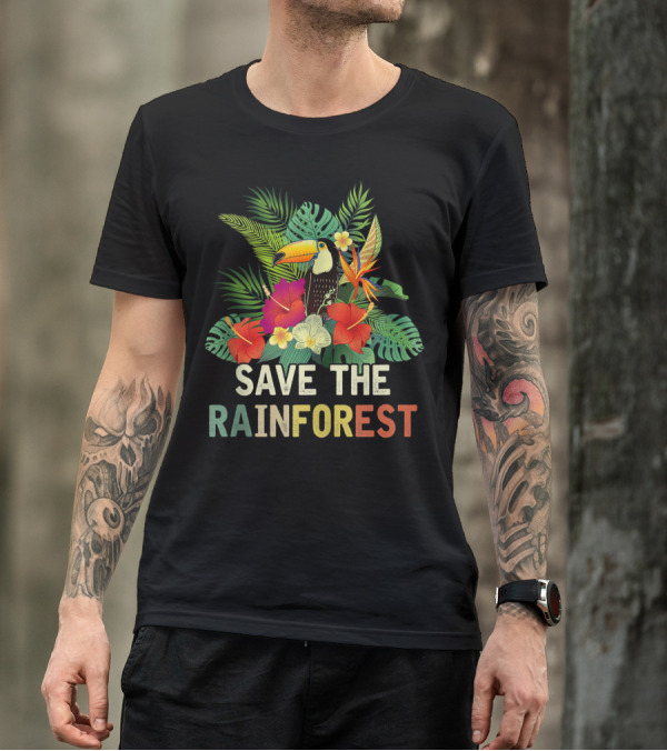 Save The Rainforest Retro Style Earth Day Toucan And Tropical Flowers T-Shirt