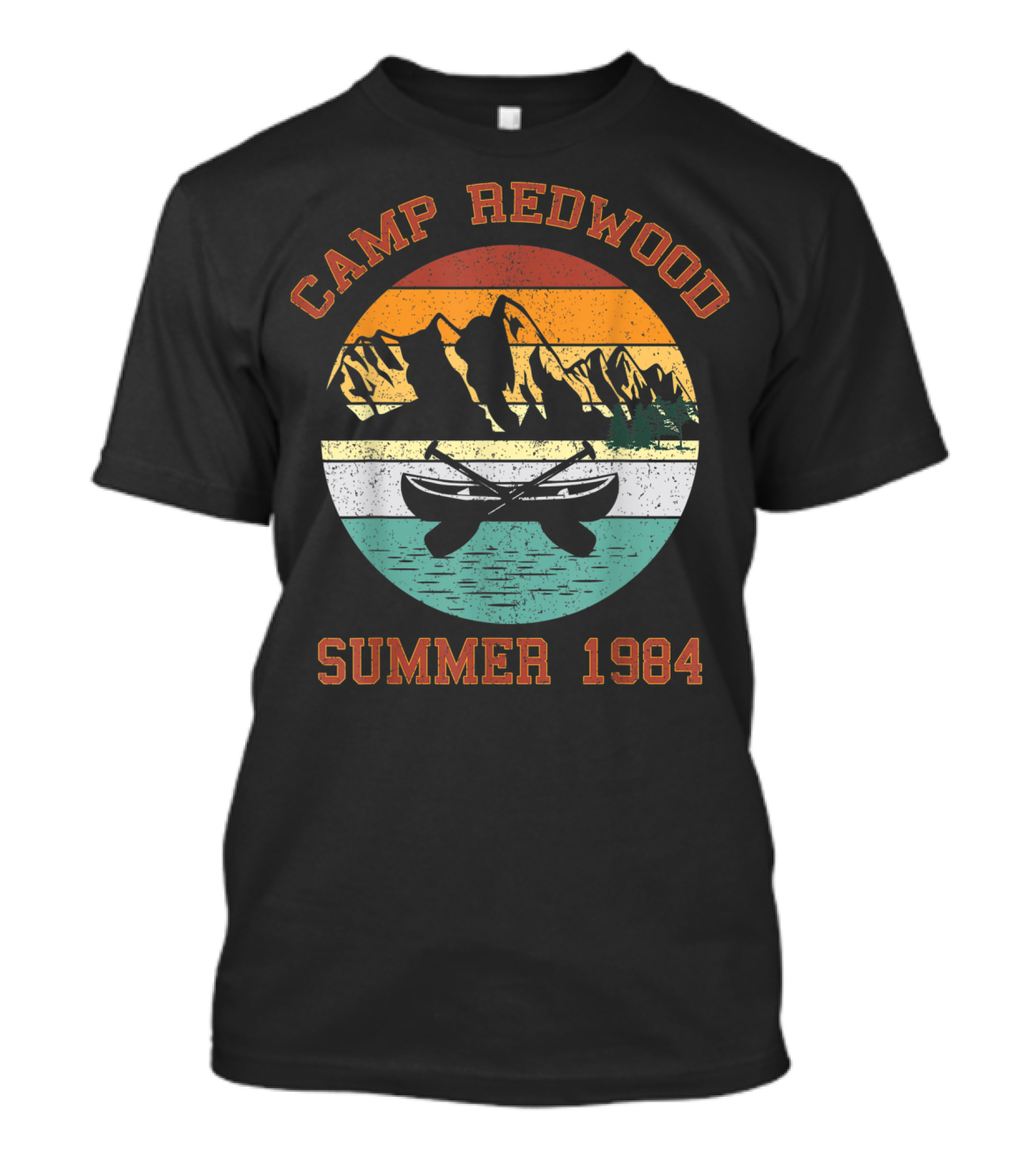 Camp Redwood Summer 1984 Retro Vintage Canoe Mountain Sunset T-Shirt