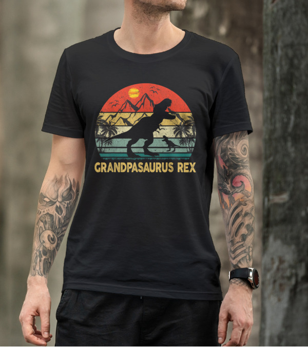 Grandpasaurus Rex Retro Vintage Sunset Dinosaur Silhouette With Mountains And Palms T-Shirt