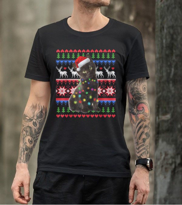 Santa Black Cat Christmas Lights Ugly Sweater Pattern Deer Snowflakes Hearts T-Shirt