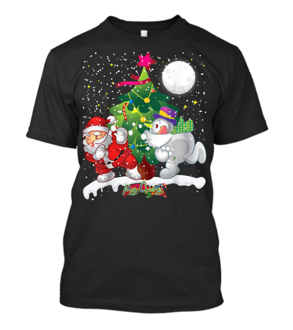 Santa Claus Snowman Merry Christmas Tree Snowfall T-Shirt