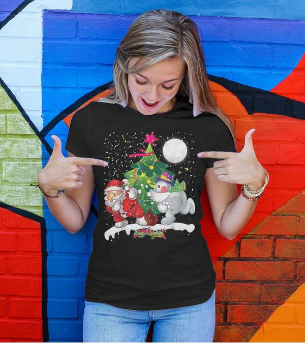 Santa Claus Snowman Merry Christmas Tree Snowfall T-Shirt