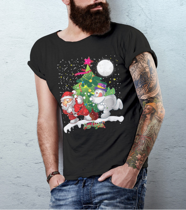 Santa Claus Snowman Merry Christmas Tree Snowfall T-Shirt