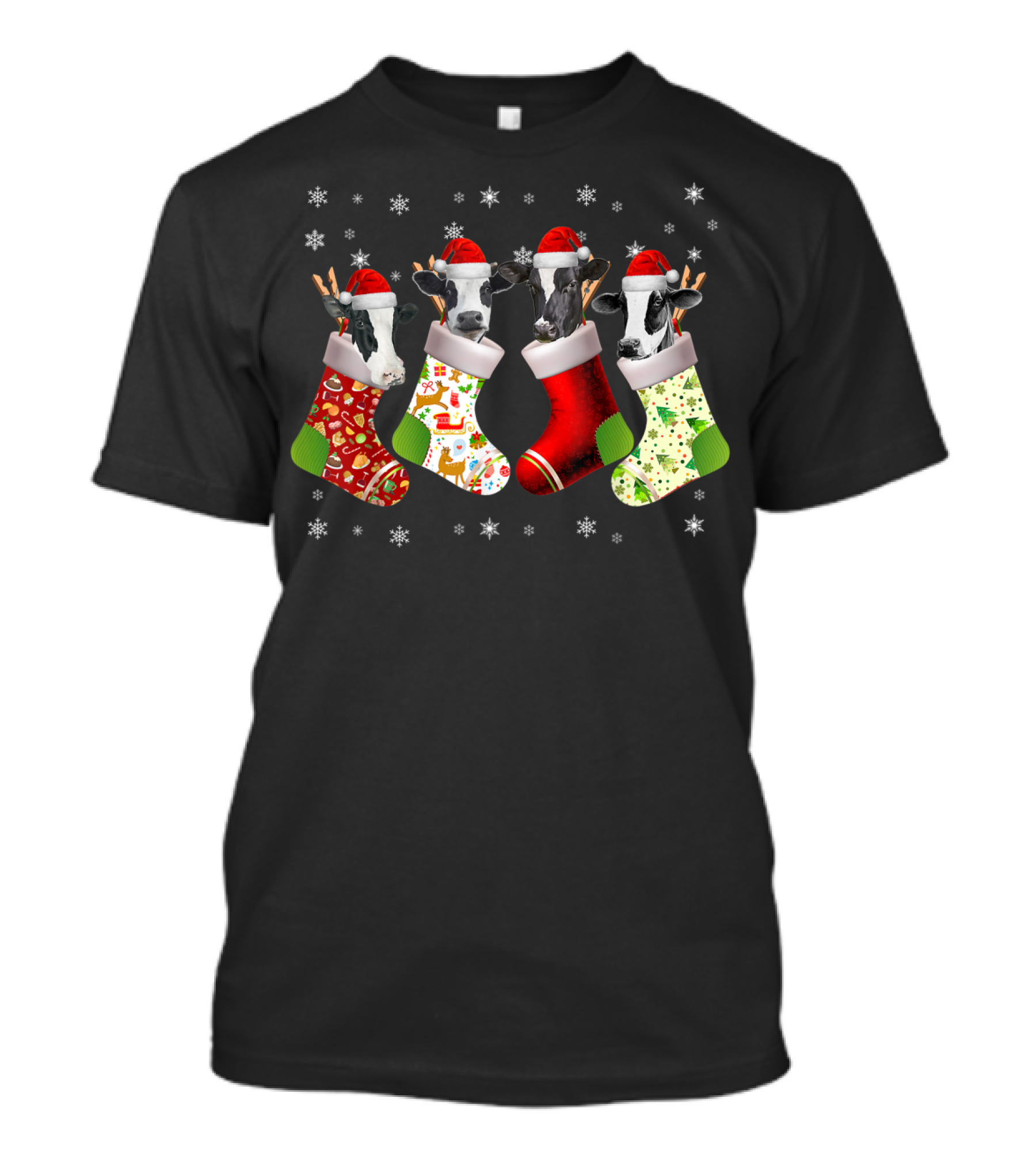 Santa Cow In Christmas Stockings With Funny Cow Santa Hats T-Shirt