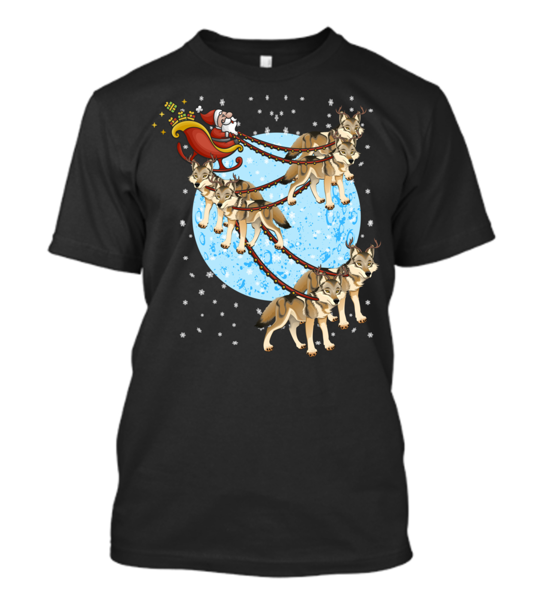 Santa Riding Wolf Pack Sleigh Under Full Moon T-Shirt