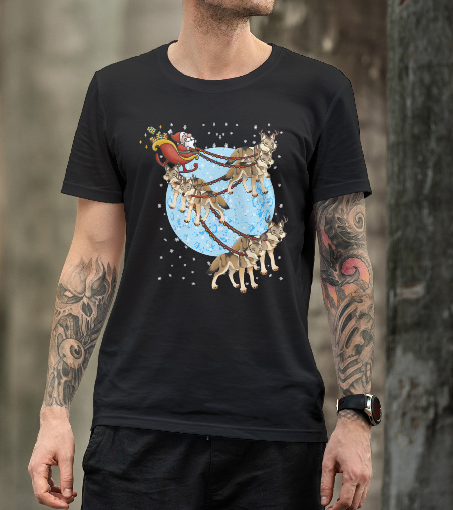 Santa Riding Wolf Pack Sleigh Under Full Moon T-Shirt