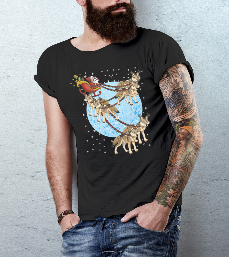 Santa Riding Wolf Pack Sleigh Under Full Moon T-Shirt