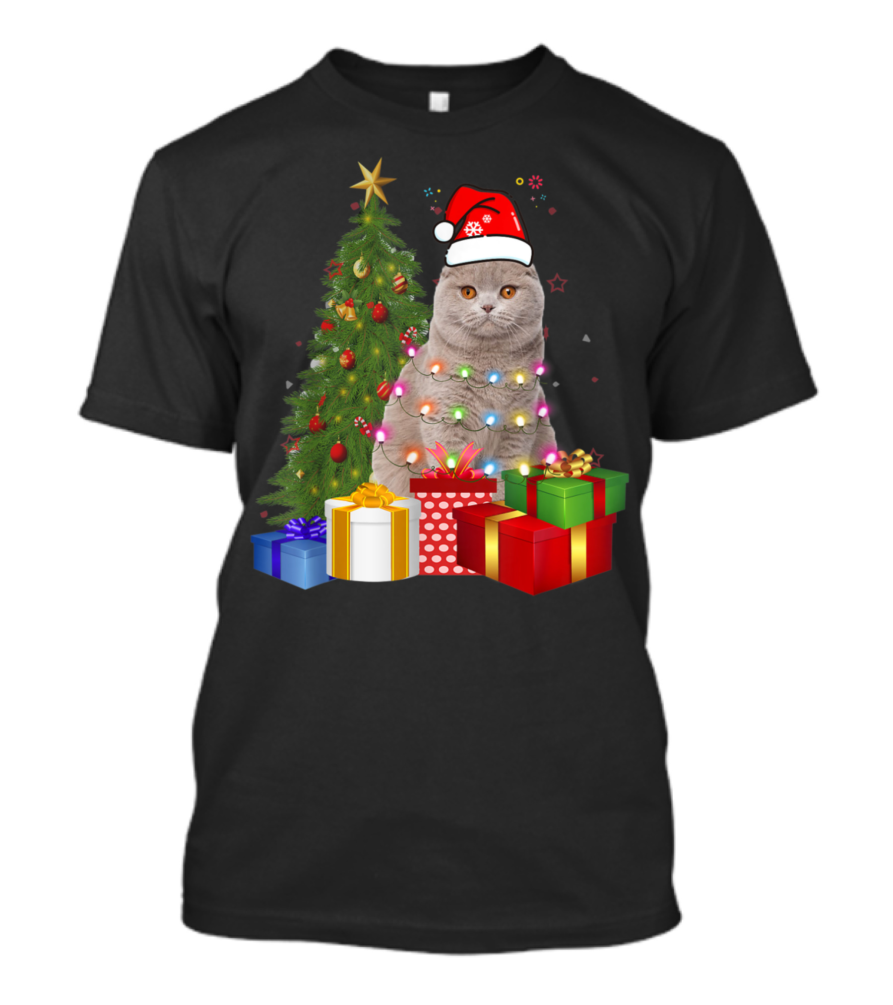 Santa Scottish Fold Cat Christmas Tree Wrapped In Holiday Lights And Presents T-Shirt