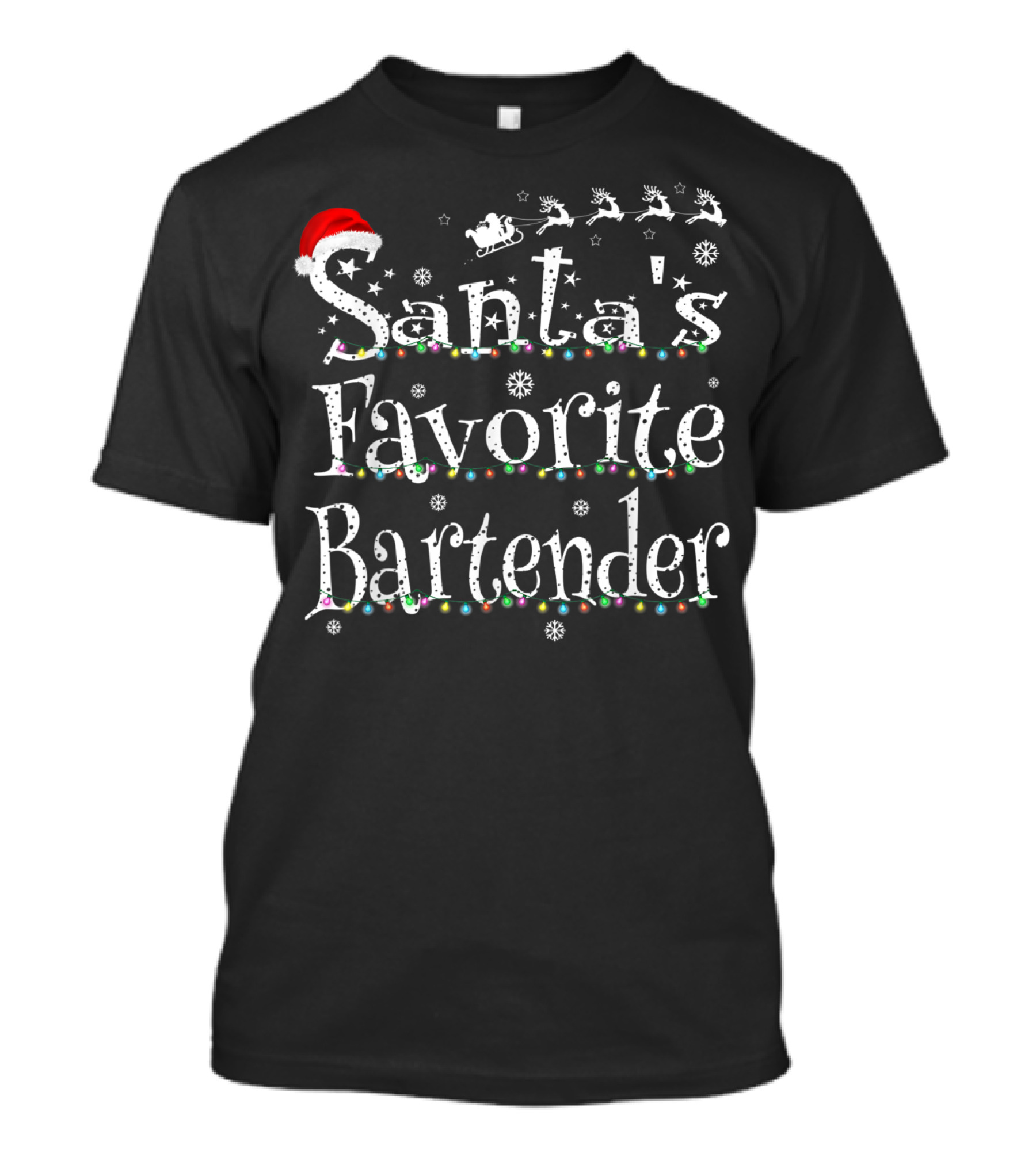 Santa's Favorite Bartender Xmas Lights Reindeer Santa Hat Snowflakes T-Shirt