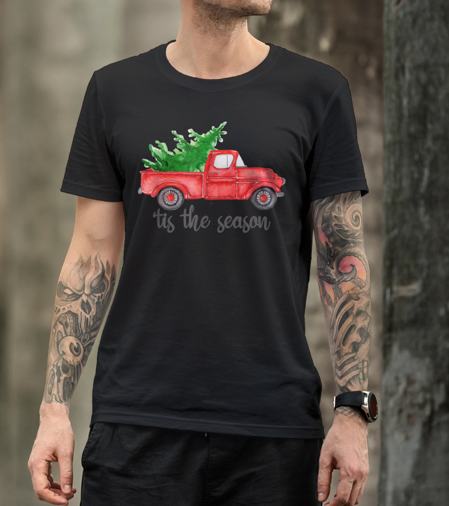 Tis The Season Watercolor Red Truck With Christmas Tree T-Shirt