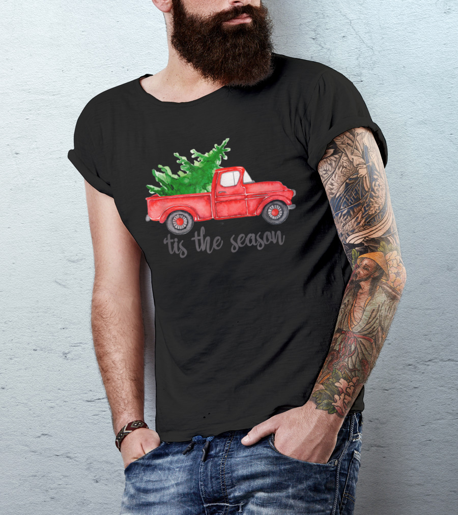 Tis The Season Watercolor Red Truck With Christmas Tree T-Shirt