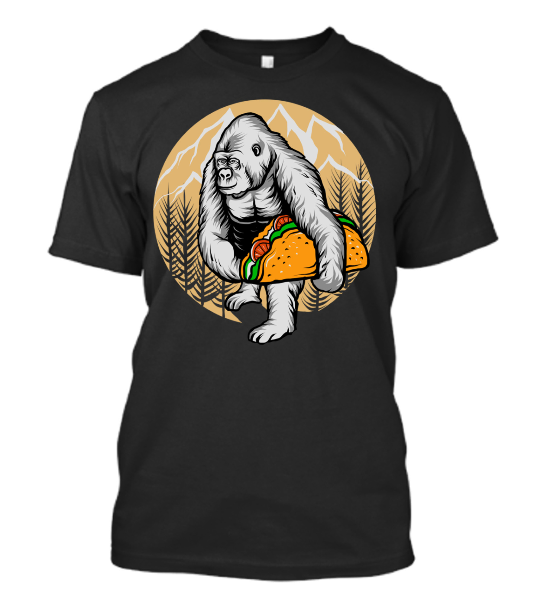 Gorilla Holding Taco With Mountain And Forest Background T-Shirt