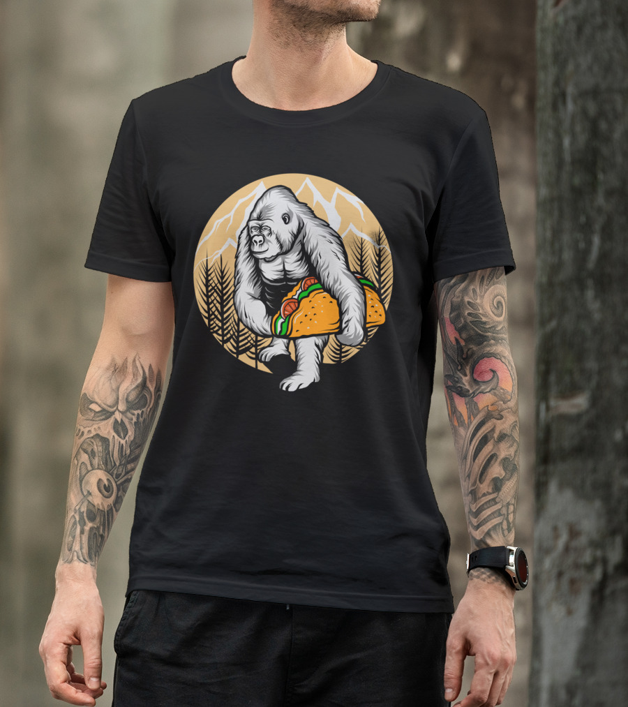 Gorilla Holding Taco With Mountain And Forest Background T-Shirt