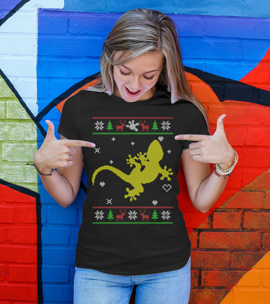 Ugly Christmas Knitting Gecko Lovers Reindeer Snowflake T-Shirt