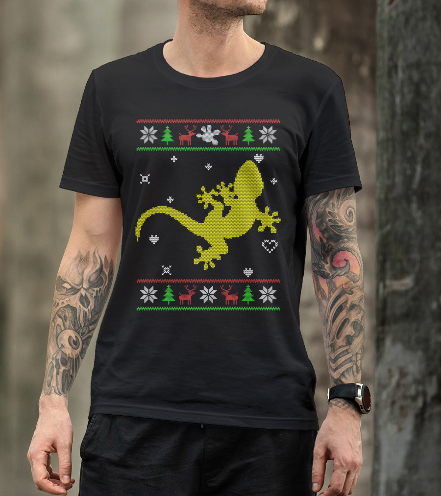 Ugly Christmas Knitting Gecko Lovers Reindeer Snowflake T-Shirt