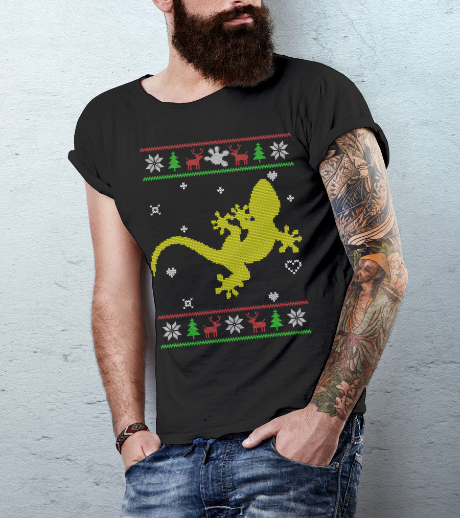 Ugly Christmas Knitting Gecko Lovers Reindeer Snowflake T-Shirt