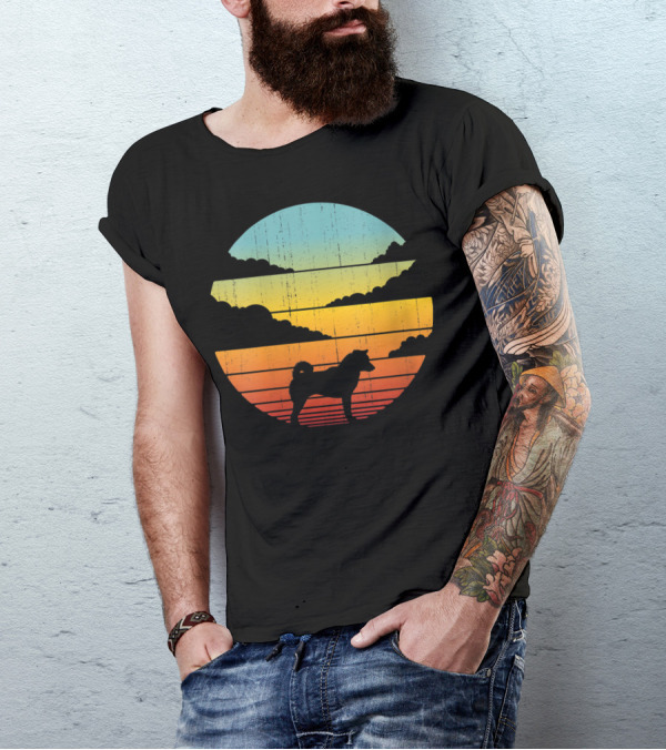 Shiba Inu Sunset Silhouette Vintage Style 60s 70s Retro Horizon T-Shirt