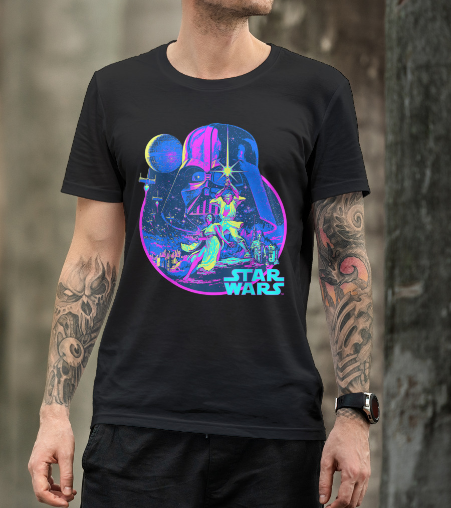 Star Wars Vibrant Neon Vader Luke Leia Retro Scene T-Shirt