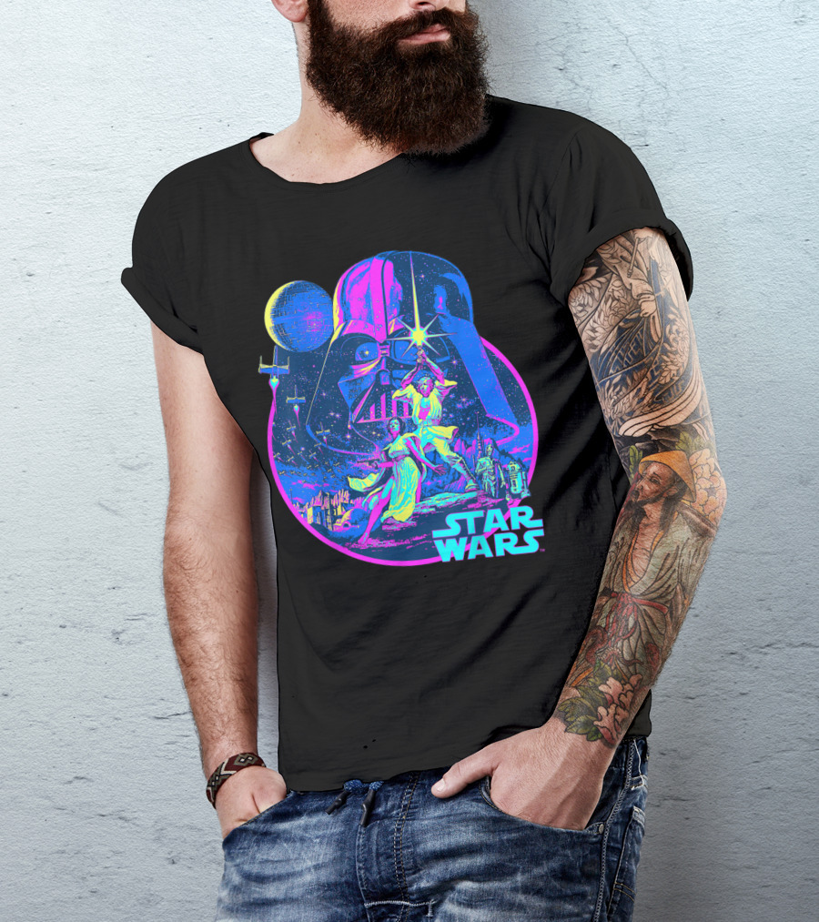 Star Wars Vibrant Neon Vader Luke Leia Retro Scene T-Shirt