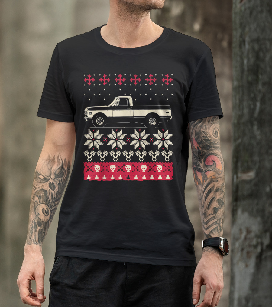 Ugly Christmas Classic American Pickup Vintage Truck Snowflakes Skulls And Trees T-Shirt