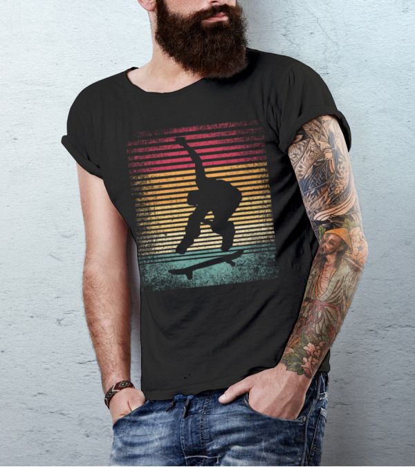 Vintage Style Skateboarding Skate Skater Silhouette Retro Stripes T-Shirt