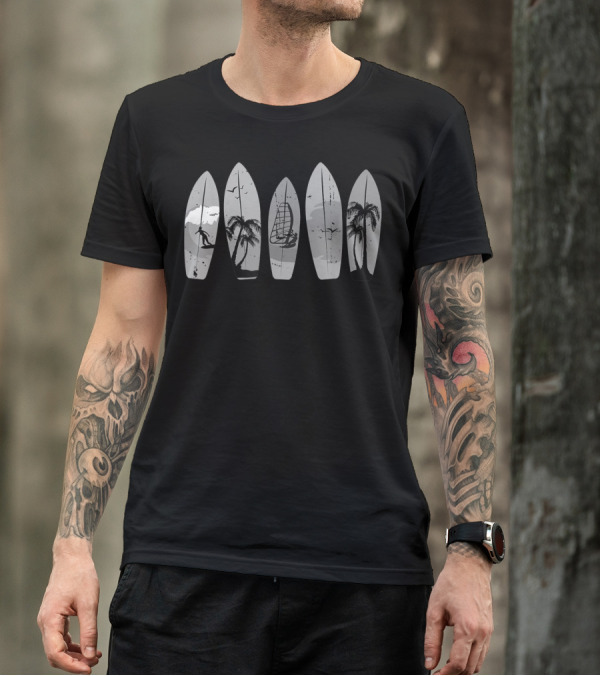Vintage Surfboard Classic Surfboarder Palm Tree Ocean Scene T-Shirt
