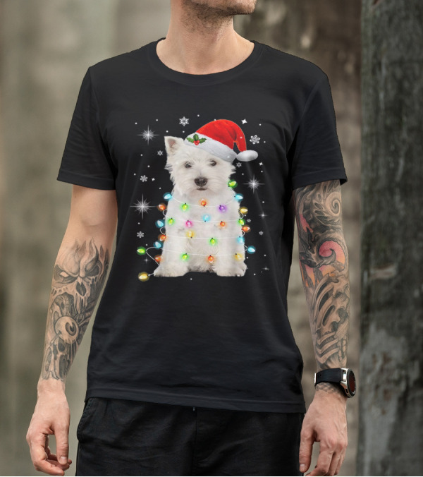Santa Hat West Highland White Terrier Christmas Lights T-Shirt