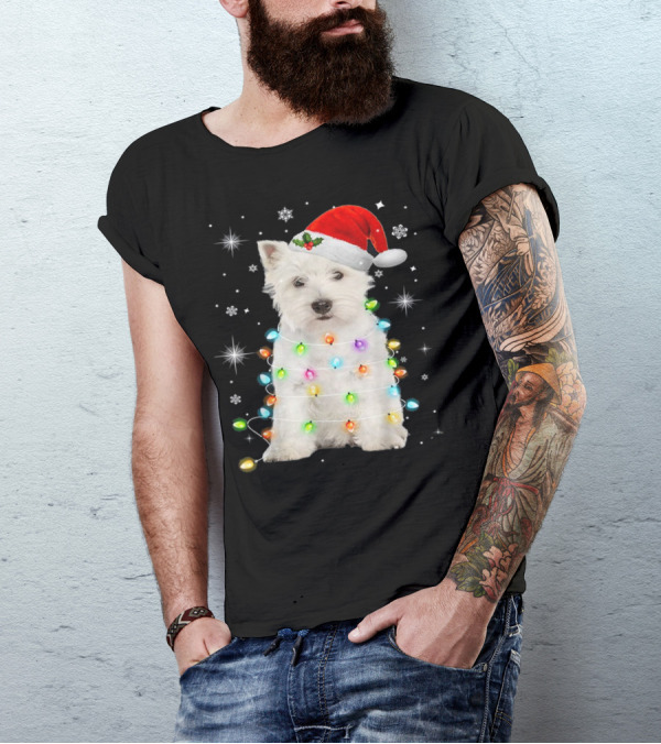 Santa Hat West Highland White Terrier Christmas Lights T-Shirt
