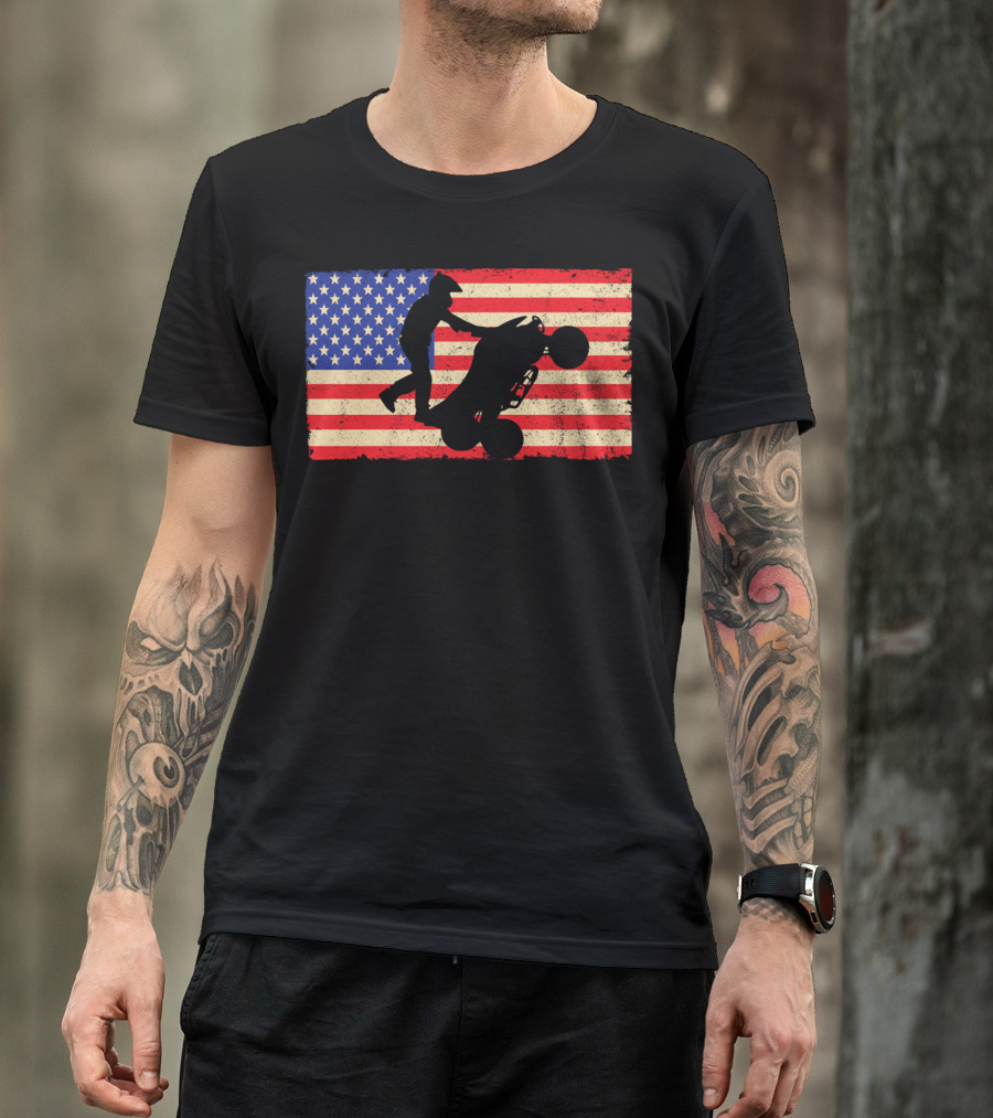 American Flag Quad ATV Wheelie Bike Rider T-Shirt