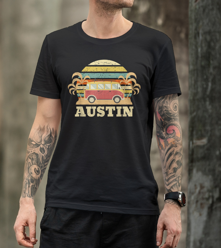 Austin Vintage Sunset Palm Trees Retro Van Adventure T-Shirt