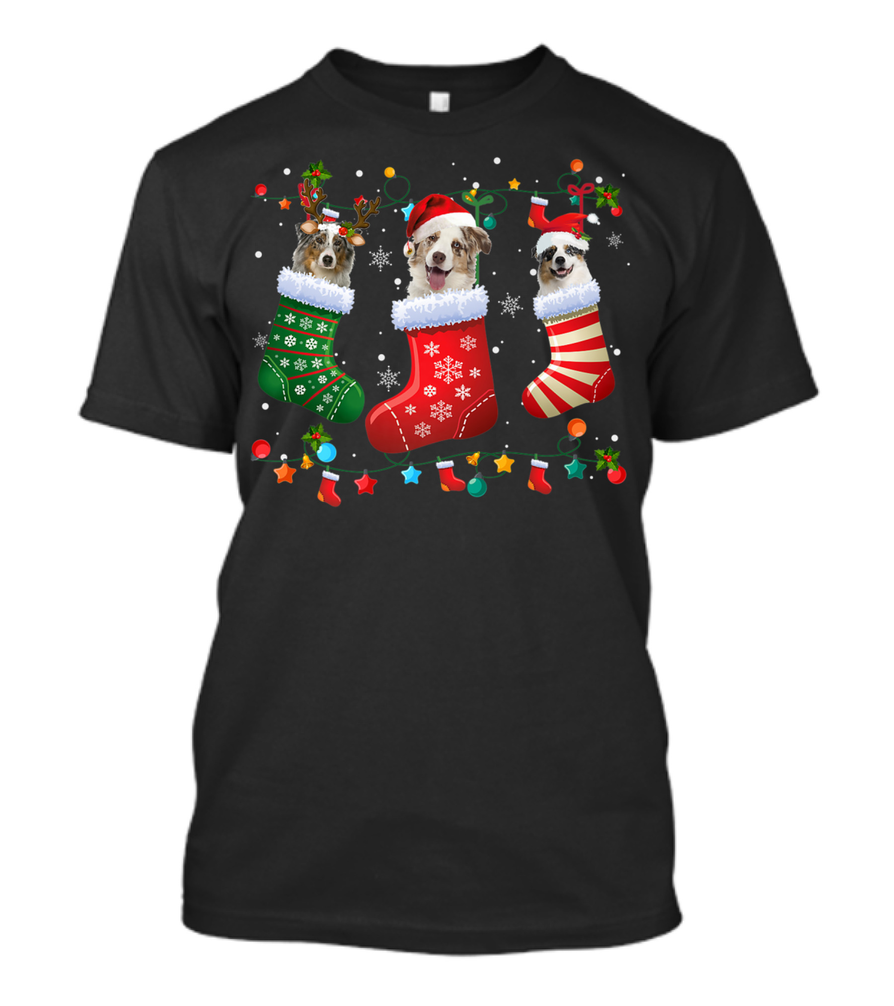 Australian Shepherd Dogs In Christmas Stockings With Santa Hats And Holiday Decorations T-Shirt