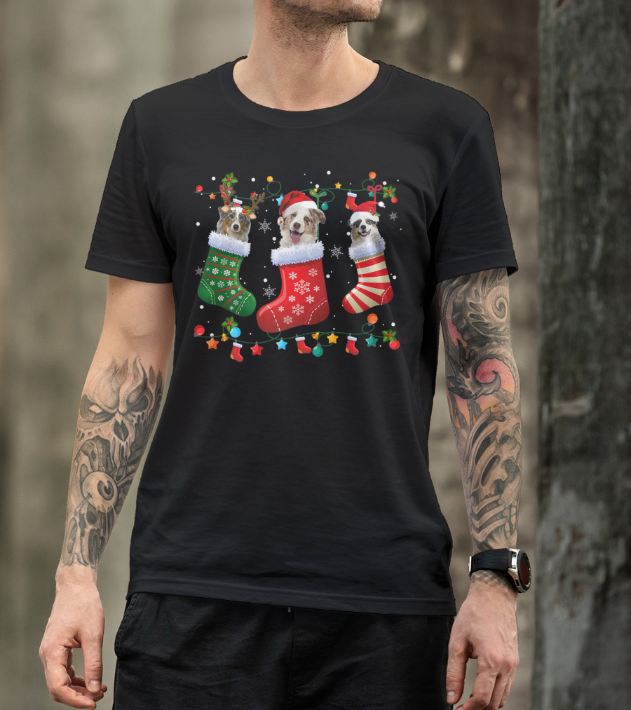 Australian Shepherd Dogs In Christmas Stockings With Santa Hats And Holiday Decorations T-Shirt