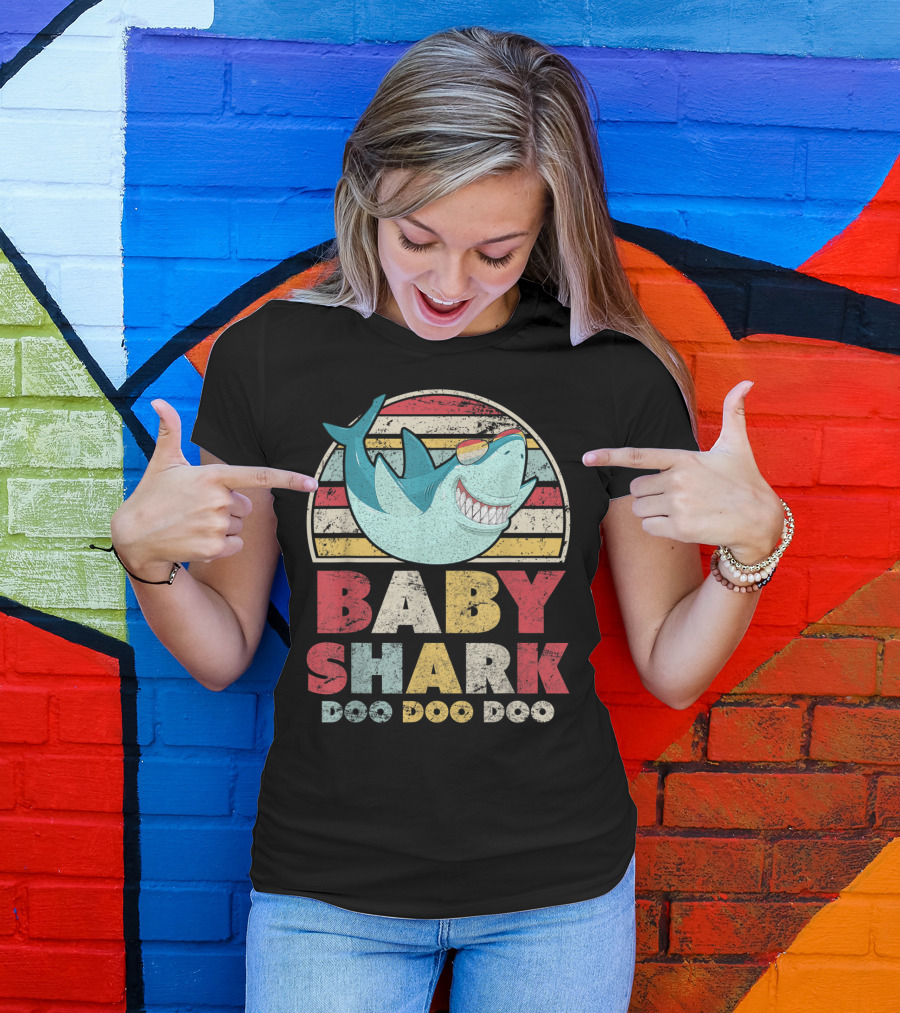 Baby Shark Doo Doo Doo Retro Sunset Style With Cool Surfing Shark T-Shirt