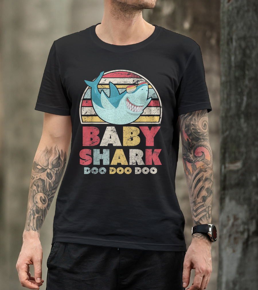 Baby Shark Doo Doo Doo Retro Sunset Style With Cool Surfing Shark T-Shirt