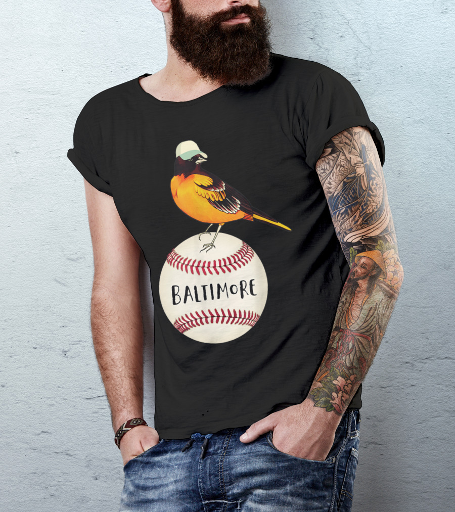 Baltimore Oriole Baseball Vintage Mascot Bird On Baseball With Hat T-Shirt