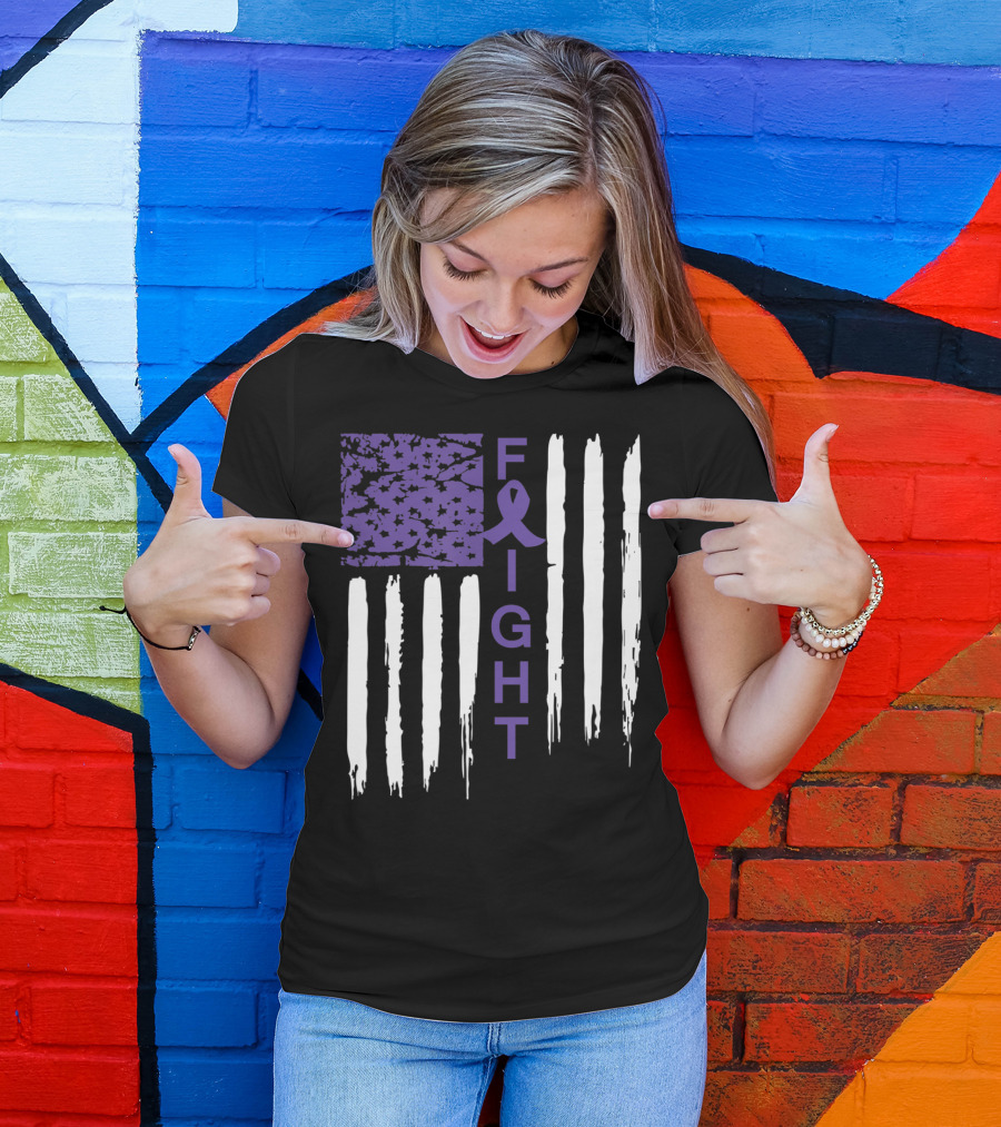 Fight Alzheimer's Awareness Support Purple Ribbon American Flag T-Shirt