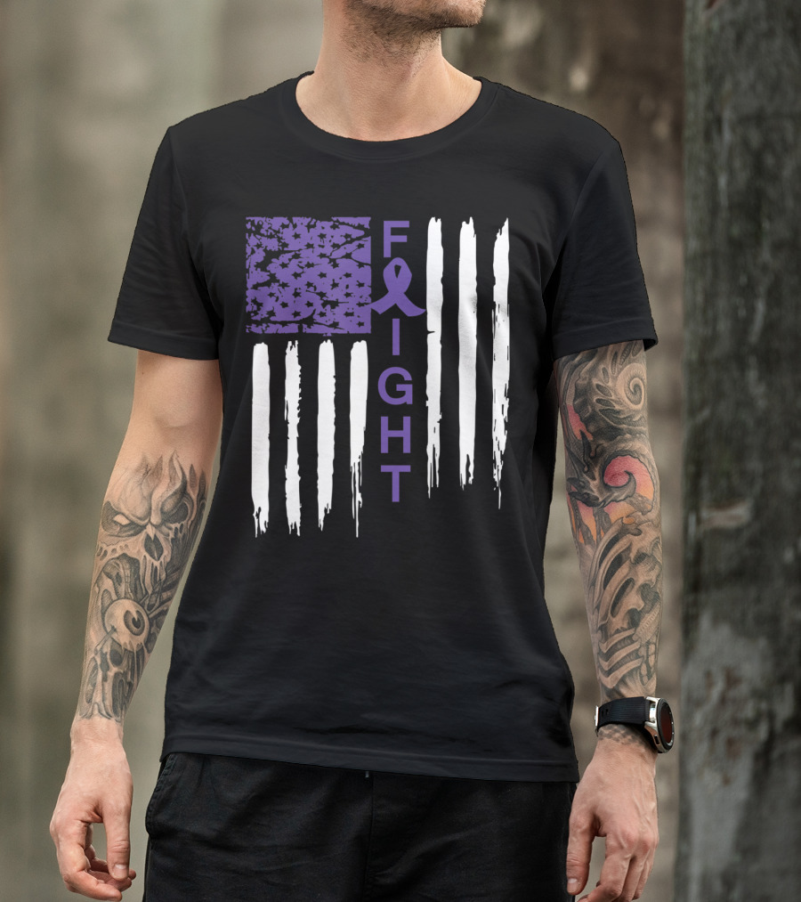 Fight Alzheimer's Awareness Support Purple Ribbon American Flag T-Shirt