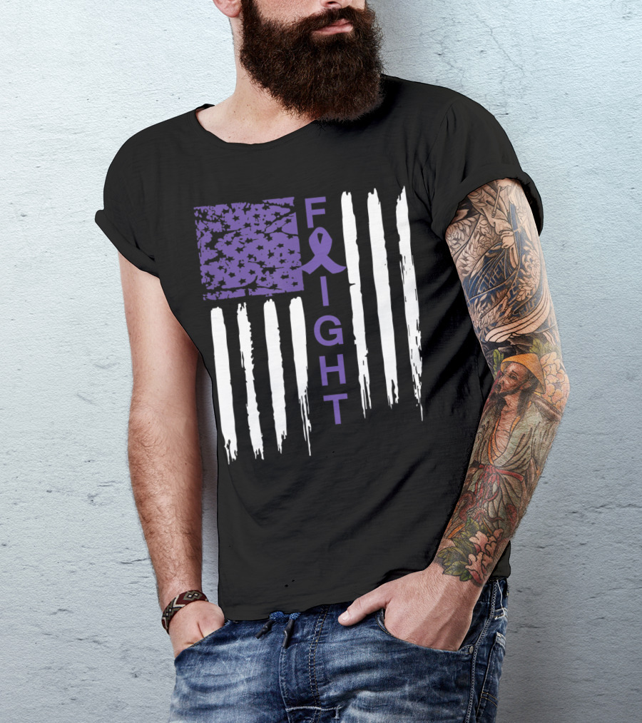 Fight Alzheimer's Awareness Support Purple Ribbon American Flag T-Shirt