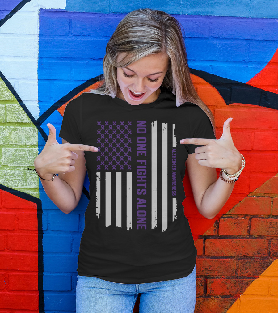 No One Fights Alone Alzheimer's Awareness Purple Ribbon Flag T-Shirt
